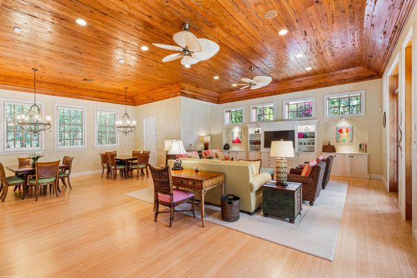 Chandelier, Dining room, Interior, Living room, Pendant Lights, Recessed Lighting, Wooden Ceilings, Wood Texture Flooring