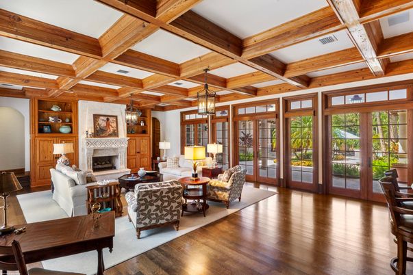 Fireplace, Interior, Living room, Pendant Lights, Wooden Beams, Wood Texture Flooring