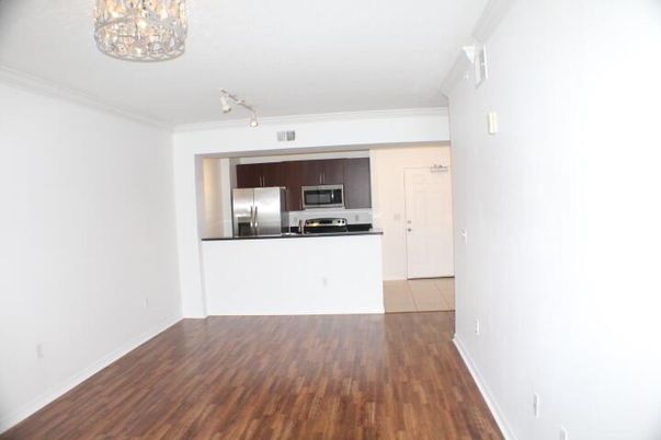 Empty room, Interior, Kitchen, Stainless Steel Appliances, Wood Texture Flooring