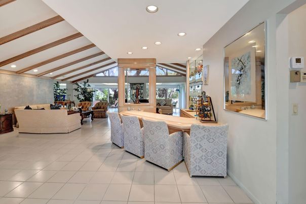Dining room, Interior, Living room, Recessed Lighting, Wooden Beams