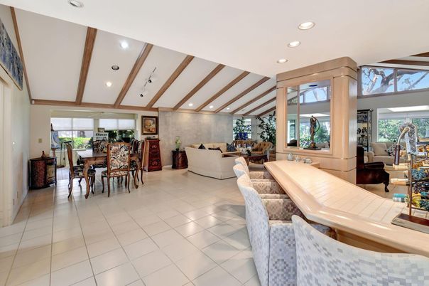 Dining room, Interior, Living room, Recessed Lighting, Wooden Beams
