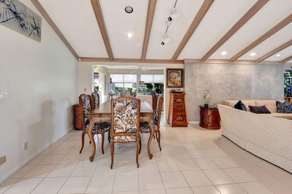 Dining room, Interior, Living room, Recessed Lighting, Wooden Beams