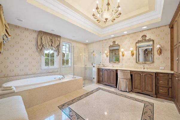 Bathroom, Chandelier, Dual Sink Vanities, Glass Shower, Interior, Recessed Lighting