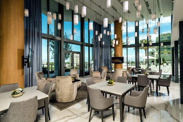 Dining room, Interior, Marble, Pendant Lights, Water
