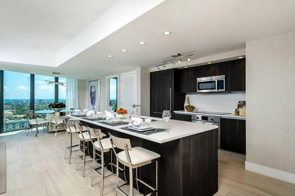 Dining room, Interior, Kitchen, Recessed Lighting, Stainless Steel Appliances, Water, Wood Texture Flooring