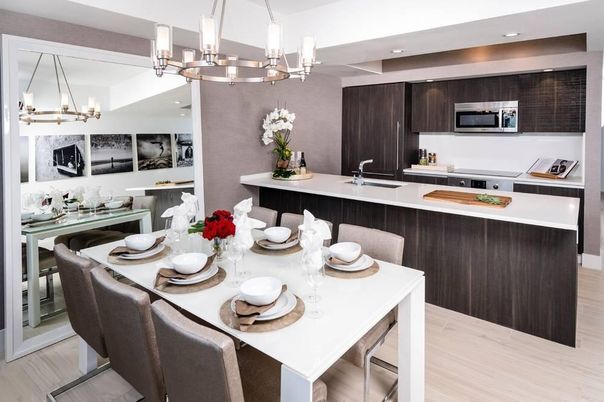 Chandelier, Dining room, Interior, Kitchen, Recessed Lighting, Stainless Steel Appliances, Wood Texture Flooring