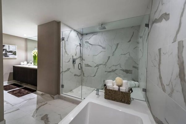 Bathroom, Glass Shower, Interior, Marble, Marble Walls, Recessed Lighting
