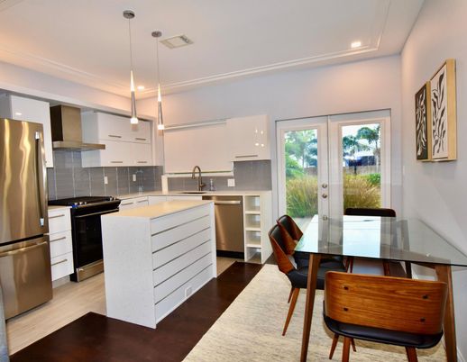 Dining room, Interior, Kitchen, Pendant Lights, Recessed Lighting, Stainless Steel Appliances, Wood Texture Flooring