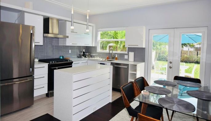 Interior, Kitchen, Pendant Lights, Recessed Lighting, Stainless Steel Appliances, Wood Texture Flooring