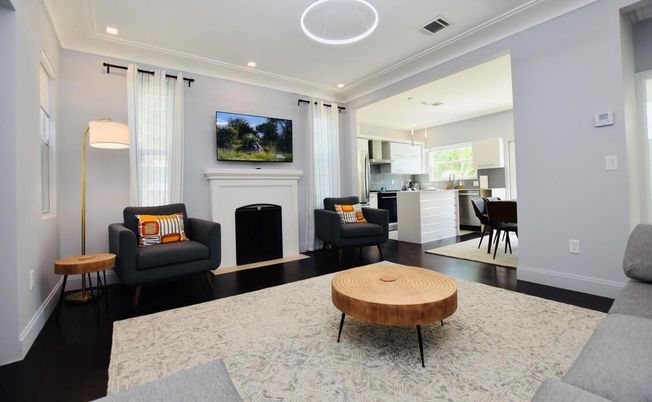 Dining room, Fireplace, Interior, Kitchen, Living room, Pendant Lights, Recessed Lighting, Wood Texture Flooring