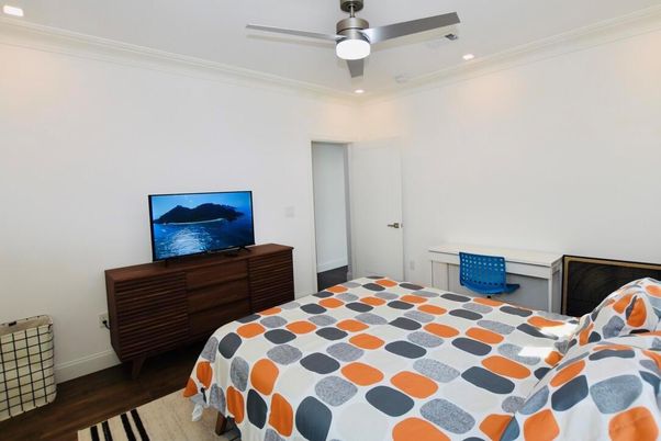 Bedroom, Interior, Recessed Lighting, Wood Texture Flooring