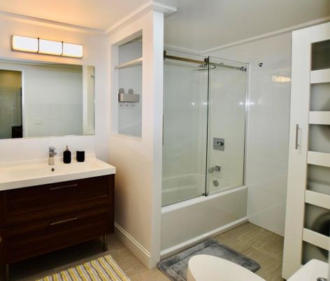 Bathroom, Glass Shower, Interior, Wood Texture Flooring