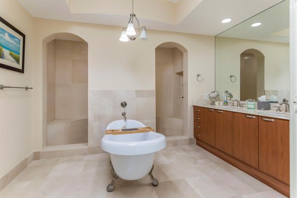 Bathroom, Dual Sink Vanities, Free Standing Baths, Interior, Pendant Lights, Recessed Lighting