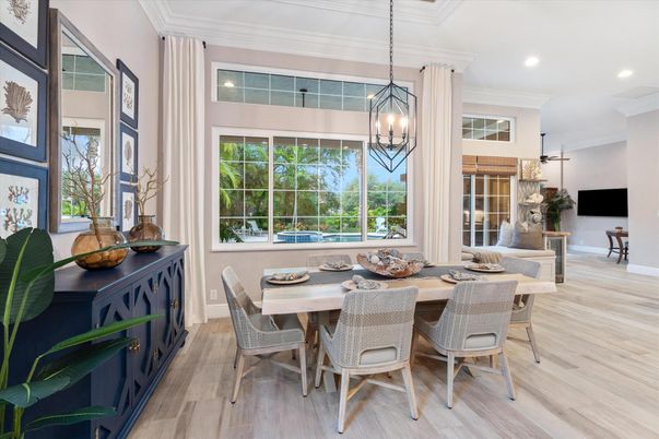 Dining room, Interior, Pendant Lights, Recessed Lighting, Wood Texture Flooring