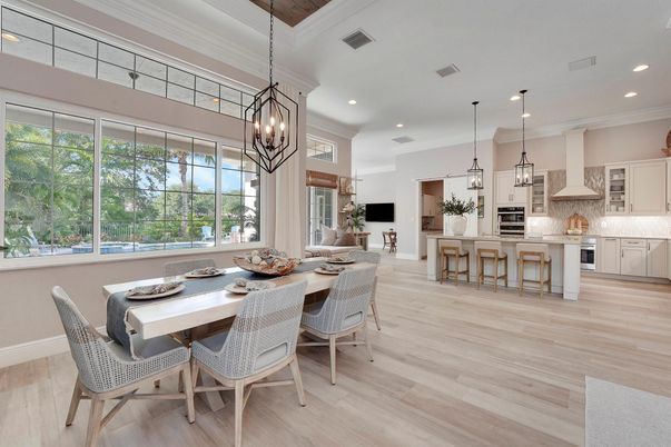 Dining room, Interior, Kitchen, Pendant Lights, Recessed Lighting, Wood Texture Flooring