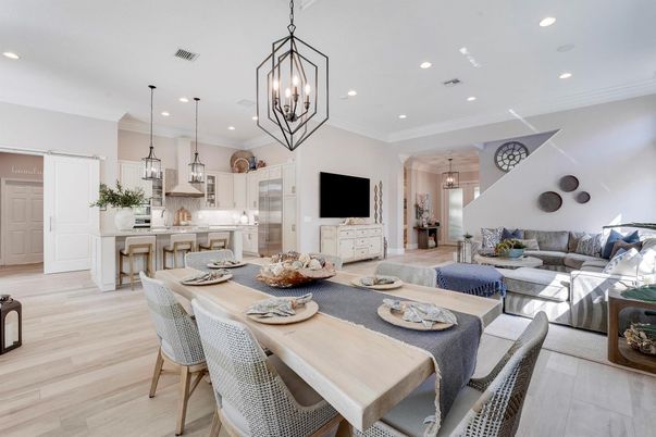 Dining room, Interior, Kitchen, Living room, Pendant Lights, Recessed Lighting, Stainless Steel Appliances, Wood Texture Flooring