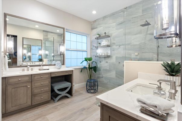 Bathroom, Dual Sink Vanities, Glass Shower, Interior, Recessed Lighting, Wood Texture Flooring