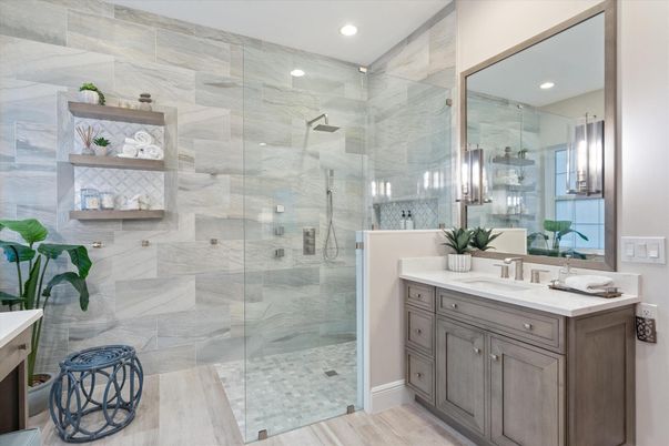 Bathroom, Glass Shower, Interior, Recessed Lighting, Wood Texture Flooring