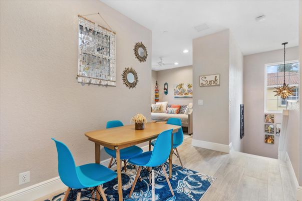 Dining room, Interior, Pendant Lights, Recessed Lighting, Wood Texture Flooring