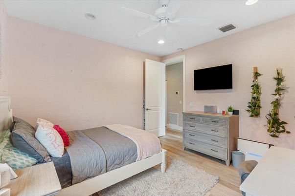 Bedroom, Interior, Recessed Lighting, Wood Texture Flooring