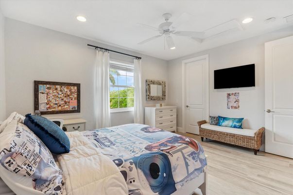 Bedroom, Interior, Recessed Lighting, Wood Texture Flooring