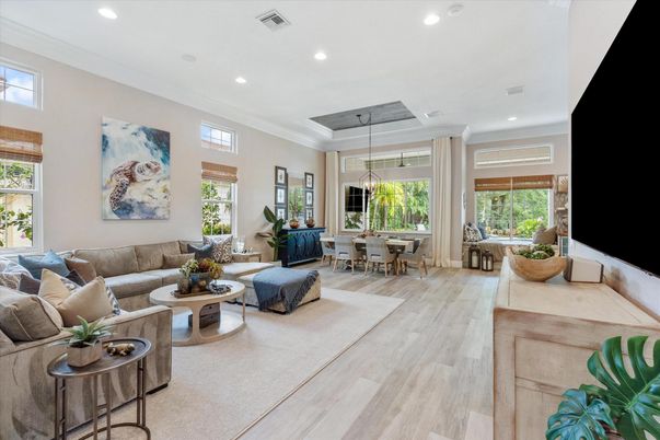 Dining room, Interior, Living room, Pendant Lights, Recessed Lighting, Wood Texture Flooring