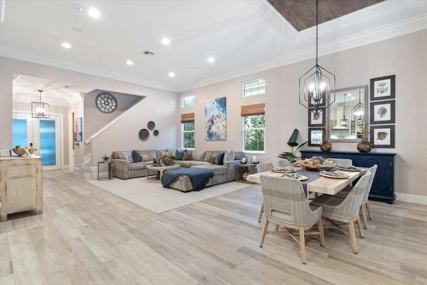 Dining room, Interior, Living room, Pendant Lights, Recessed Lighting, Wooden Ceilings, Wood Texture Flooring