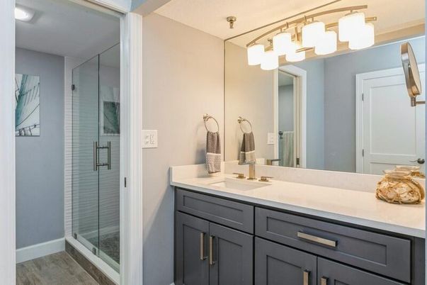 Bathroom, Glass Shower, Interior, Wood Texture Flooring