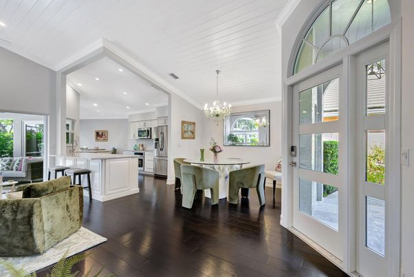 Chandelier, Dining room, Interior, Kitchen, Recessed Lighting, Stainless Steel Appliances, Wood Texture Flooring