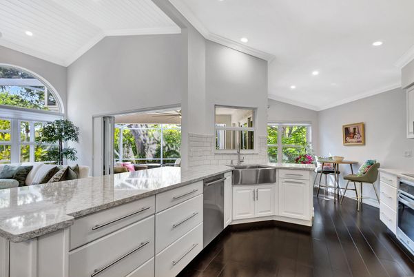Dining room, Interior, Kitchen, Recessed Lighting, Stainless Steel Appliances, Wood Texture Flooring