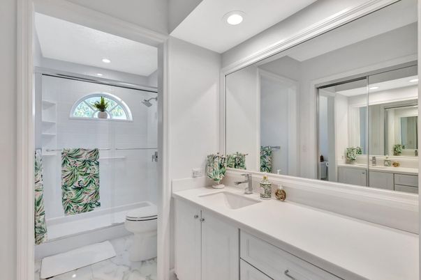 Bathroom, Dual Sink Vanities, Glass Shower, Interior, Marble, Recessed Lighting