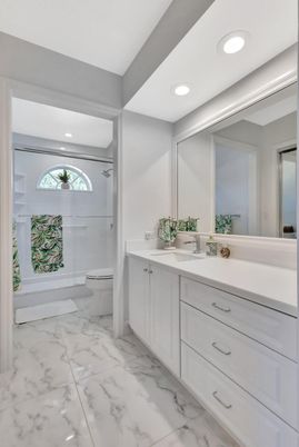 Bathroom, Dual Sink Vanities, Glass Shower, Interior, Marble, Recessed Lighting