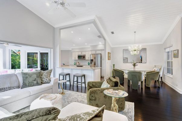 Chandelier, Dining room, Interior, Kitchen, Living room, Recessed Lighting, Stainless Steel Appliances, Wood Texture Flooring