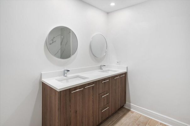 Bathroom, Dual Sink Vanities, Interior, Recessed Lighting, Wood Texture Flooring