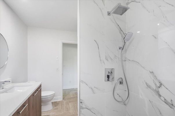 Bathroom, Interior, Marble Walls, Wood Texture Flooring