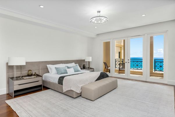 Bedroom, Chandelier, Interior, Recessed Lighting, Water, Wood Texture Flooring
