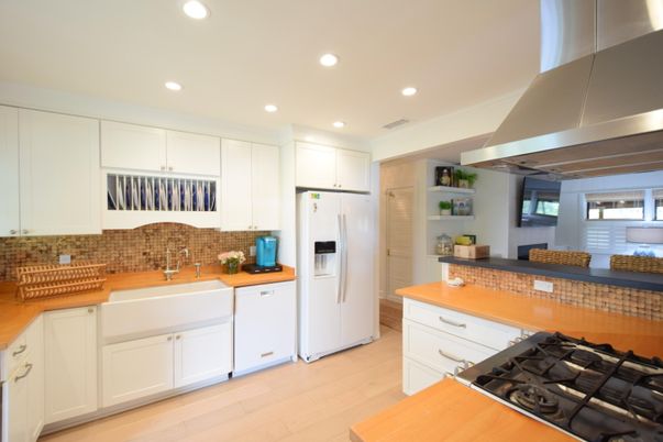 Interior, Kitchen, Recessed Lighting, Stainless Steel Appliances, Wood Texture Flooring