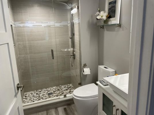 Bathroom, Glass Shower, Interior, Wood Texture Flooring