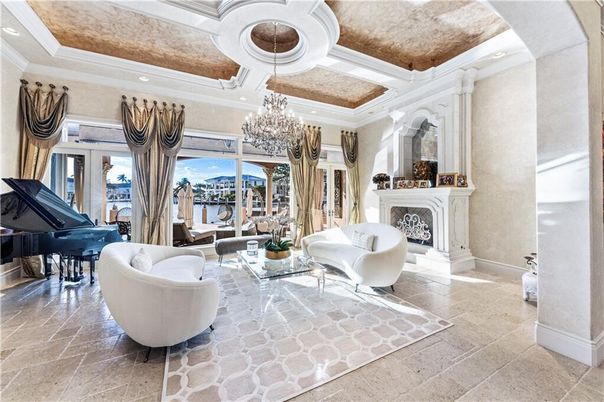 Chandelier, Fireplace, Interior, Living room, Piano, Recessed Lighting