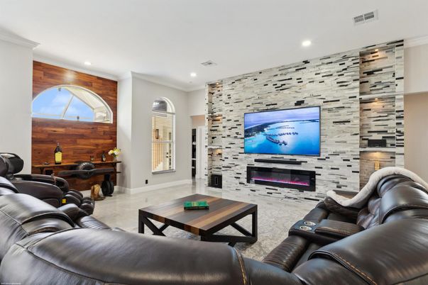 Fireplace, Interior, Living room, Recessed Lighting, Stone Walls, Wooden Walls