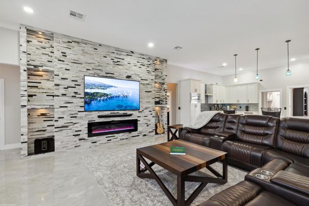 Fireplace, Interior, Kitchen, Living room, Pendant Lights, Recessed Lighting, Stone Walls