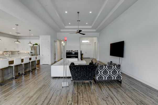 Interior, Kitchen, Living room, Pendant Lights, Recessed Lighting, Wood Texture Flooring