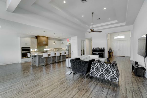 Interior, Kitchen, Living room, Pendant Lights, Recessed Lighting, Stainless Steel Appliances, Wood Texture Flooring