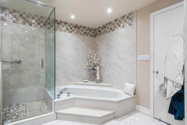 Bathroom, Glass Shower, Interior, Marble Walls, Recessed Lighting