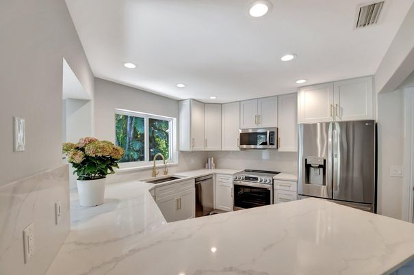 Interior, Kitchen, Marble, Recessed Lighting, Stainless Steel Appliances