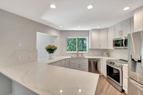 Interior, Kitchen, Recessed Lighting, Stainless Steel Appliances, Wood Texture Flooring