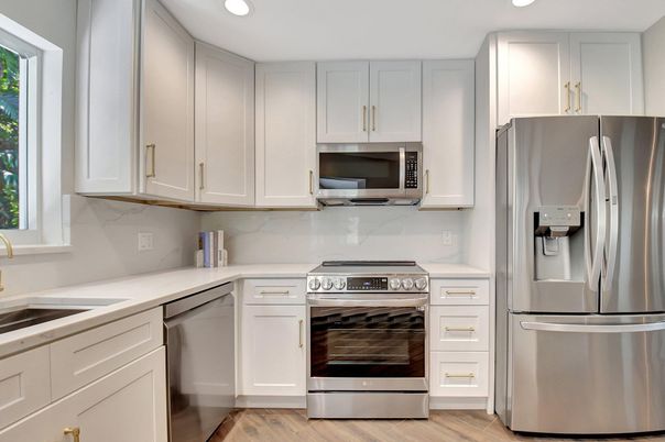 Interior, Kitchen, Recessed Lighting, Stainless Steel Appliances, Wood Texture Flooring