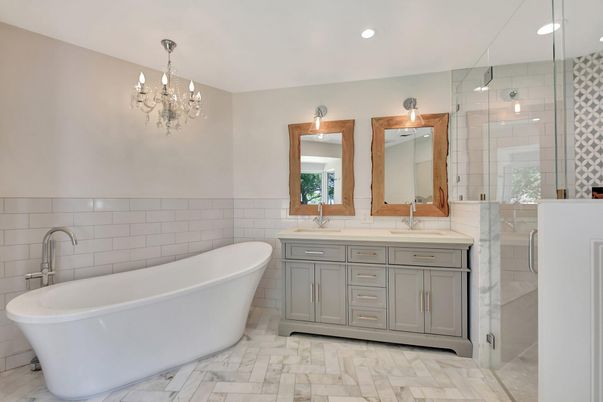 Bathroom, Chandelier, Dual Sink Vanities, Free Standing Baths, Glass Shower, Interior, Marble, Recessed Lighting