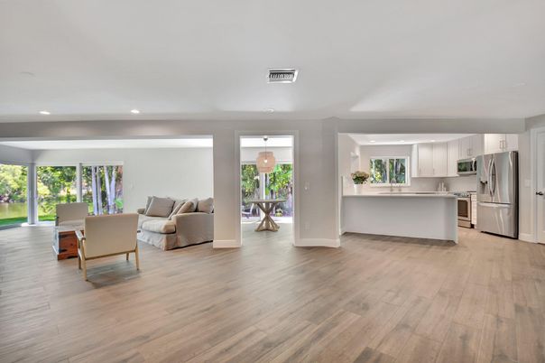 Dining room, Interior, Kitchen, Living room, Recessed Lighting, Stainless Steel Appliances, Wood Texture Flooring