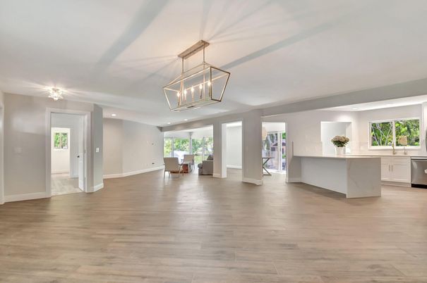 Interior, Kitchen, Pendant Lights, Recessed Lighting, Wood Texture Flooring